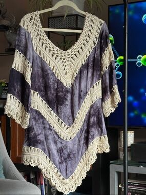 Boho Tie-Dye Crochet Fringe top/cover up- Gray/blue & Cream